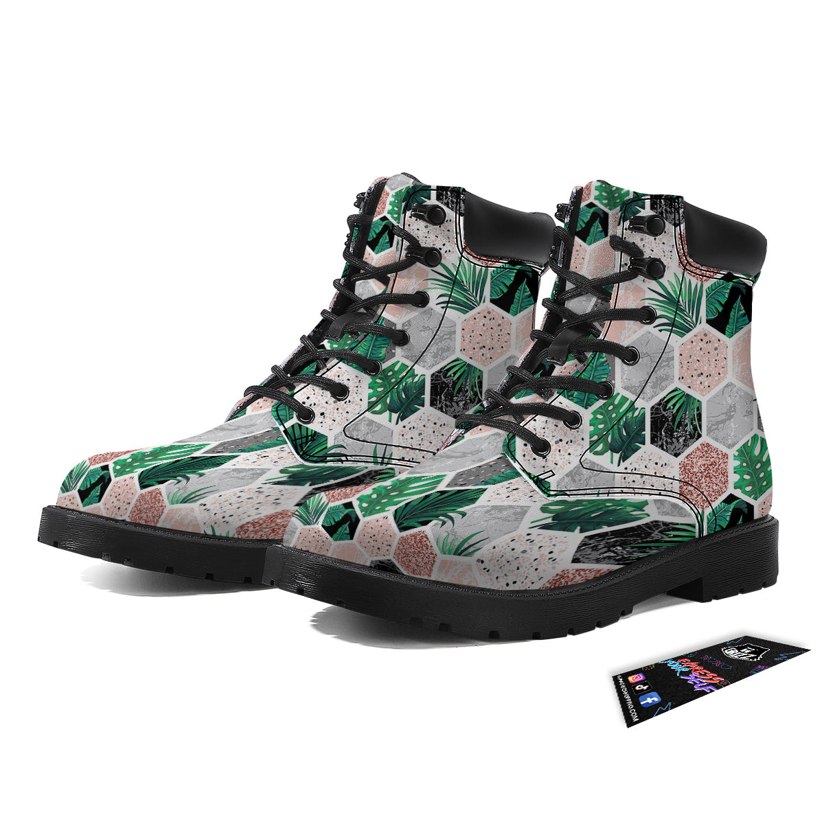 Marble Geometric And Tropical Leaves Print Boots-grizzshop