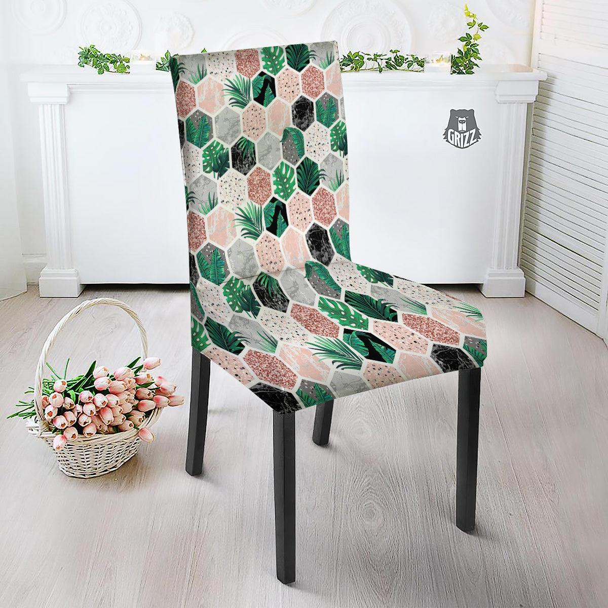 Marble Geometric And Tropical Leaves Print Dining Chair Slipcover-grizzshop
