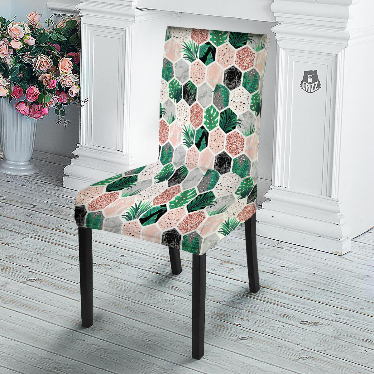 Marble Geometric And Tropical Leaves Print Dining Chair Slipcover-grizzshop