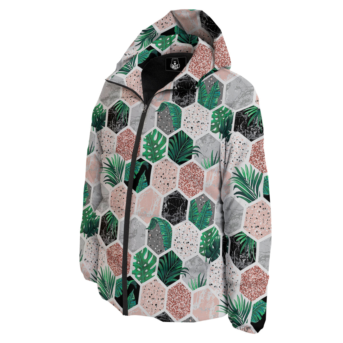 Marble Geometric And Tropical Leaves Print Down Jacket-grizzshop