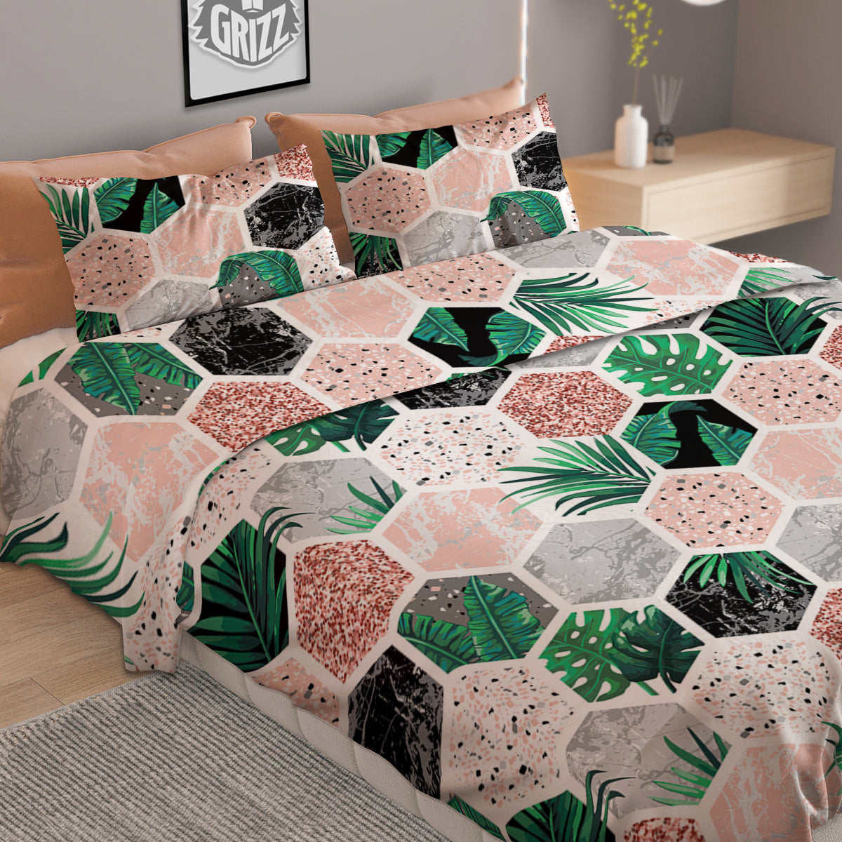 Marble Geometric And Tropical Leaves Print Duvet Cover Bedding Set