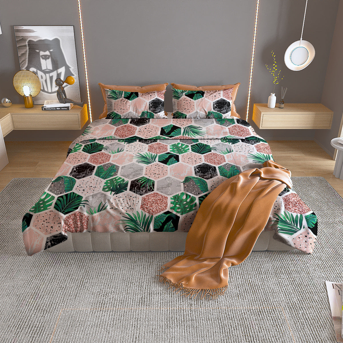Marble Geometric And Tropical Leaves Print Duvet Cover Bedding Set