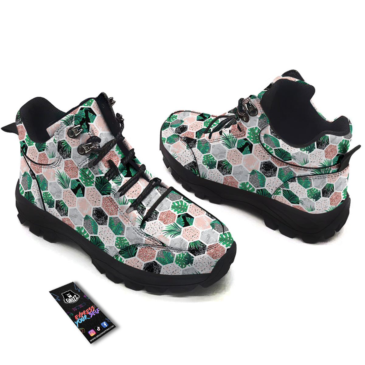 Marble Geometric And Tropical Leaves Print Hiking Shoes-grizzshop