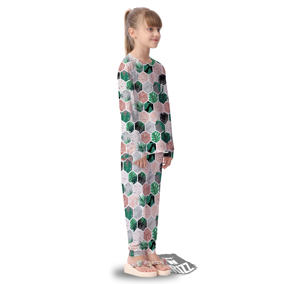 Marble Geometric And Tropical Leaves Print Kid's Pajamas-grizzshop
