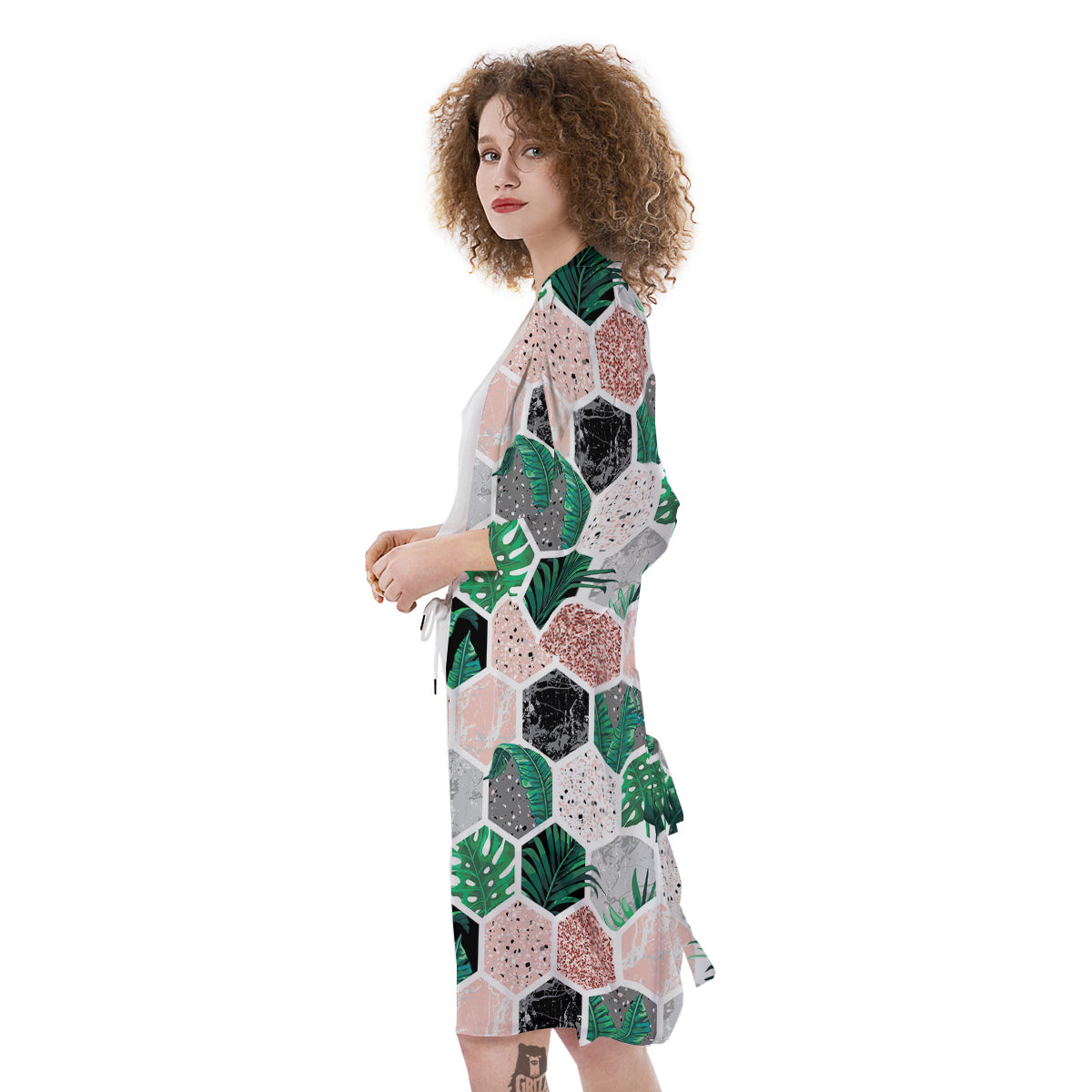 Marble Geometric And Tropical Leaves Print Kimono-grizzshop