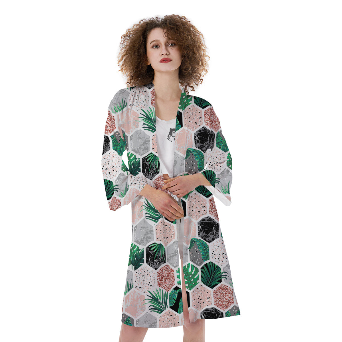 Marble Geometric And Tropical Leaves Print Kimono-grizzshop