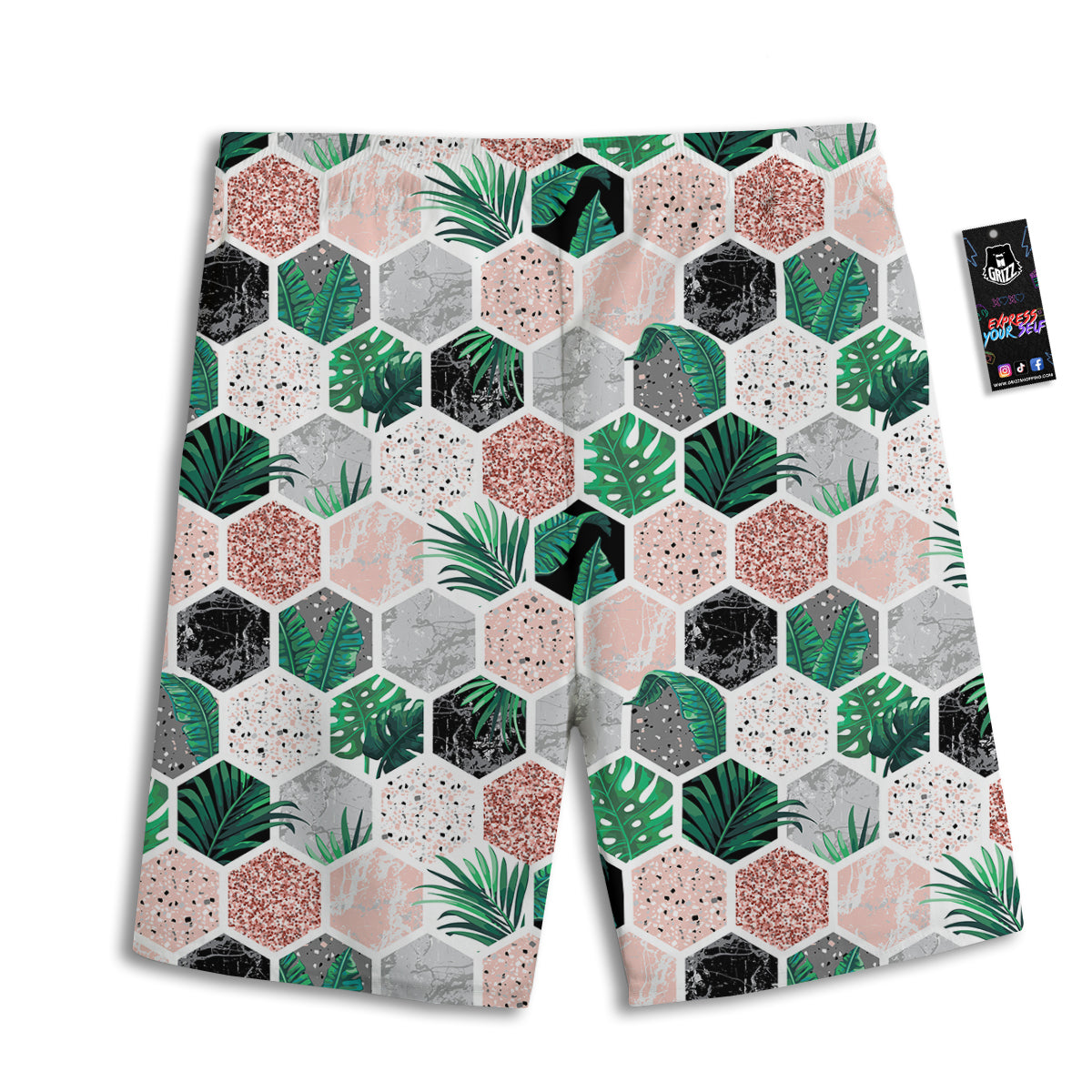 Marble Geometric And Tropical Leaves Print Men's Athletic Shorts
