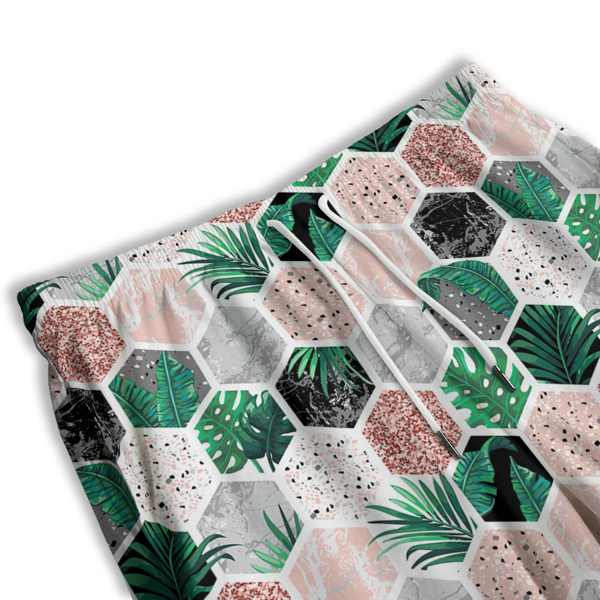 Marble Geometric And Tropical Leaves Print Men's Athletic Shorts