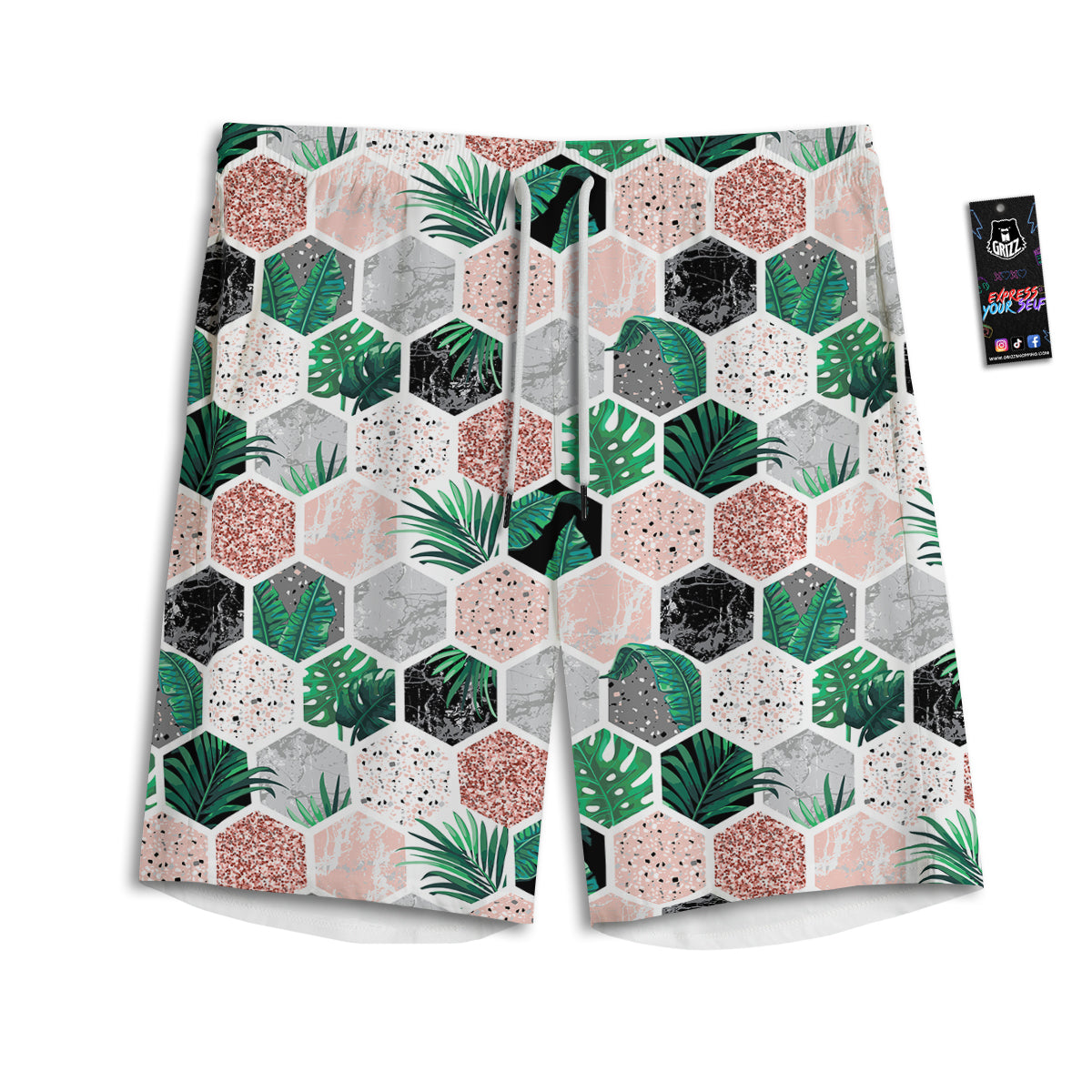 Marble Geometric And Tropical Leaves Print Men's Athletic Shorts