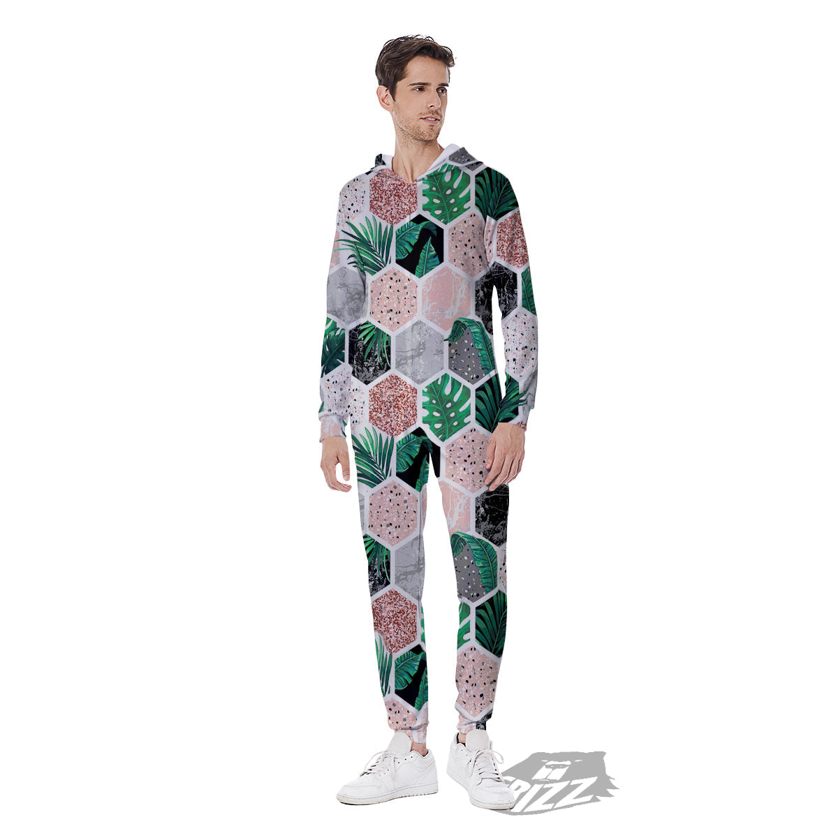 Marble Geometric And Tropical Leaves Print Men's Jumpsuit-grizzshop