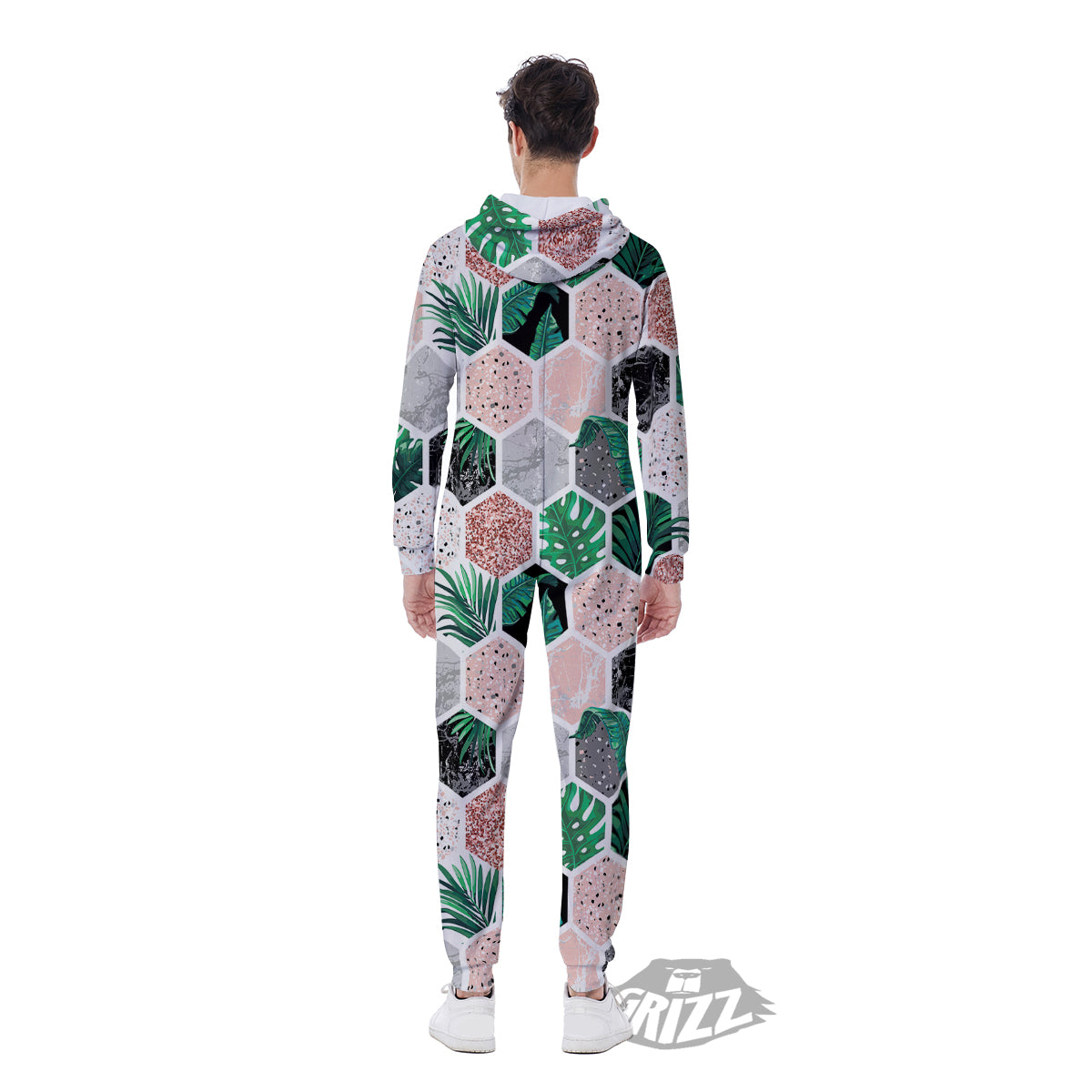 Marble Geometric And Tropical Leaves Print Men's Jumpsuit-grizzshop