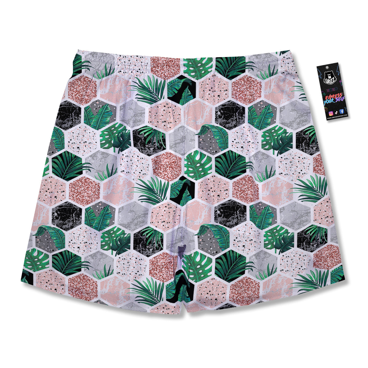 Marble Geometric And Tropical Leaves Print Men's Running Shorts-grizzshop