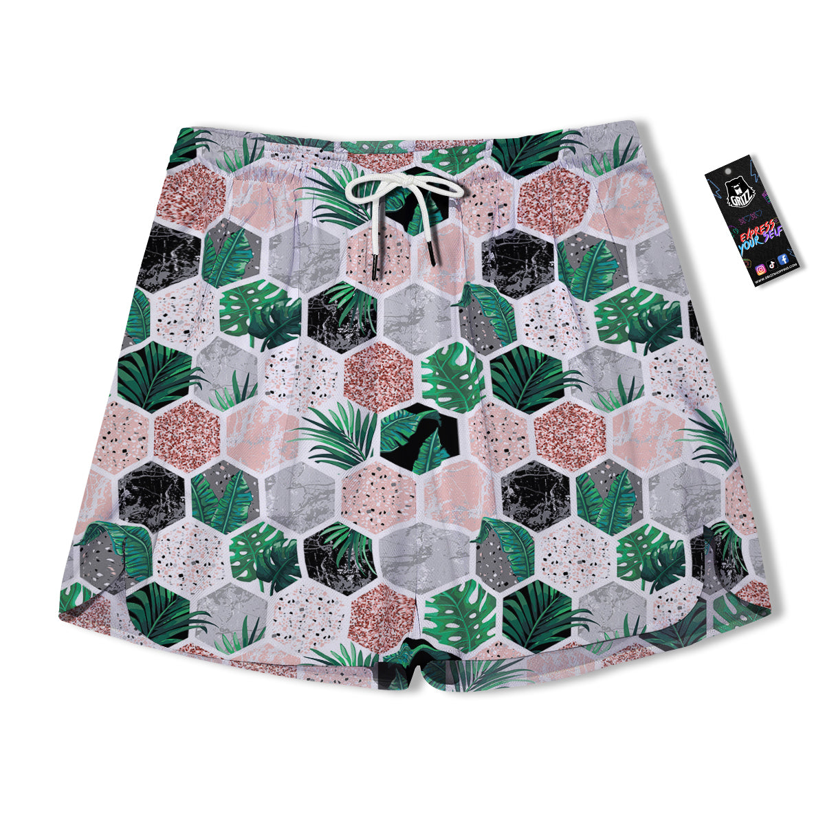 Marble Geometric And Tropical Leaves Print Men's Running Shorts-grizzshop