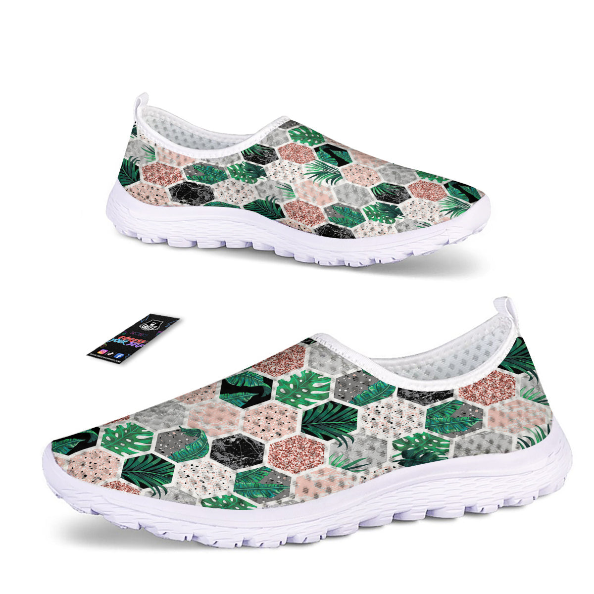 Marble Geometric And Tropical Leaves Print Nurse Shoes-grizzshop