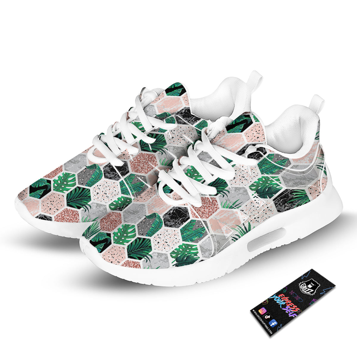 Marble Geometric And Tropical Leaves Print Tennis Shoes-grizzshop