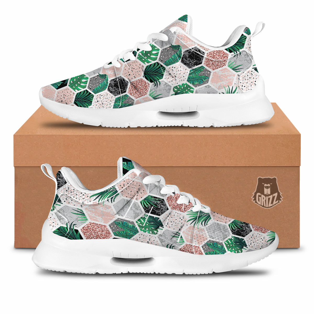 Marble Geometric And Tropical Leaves Print Tennis Shoes-grizzshop