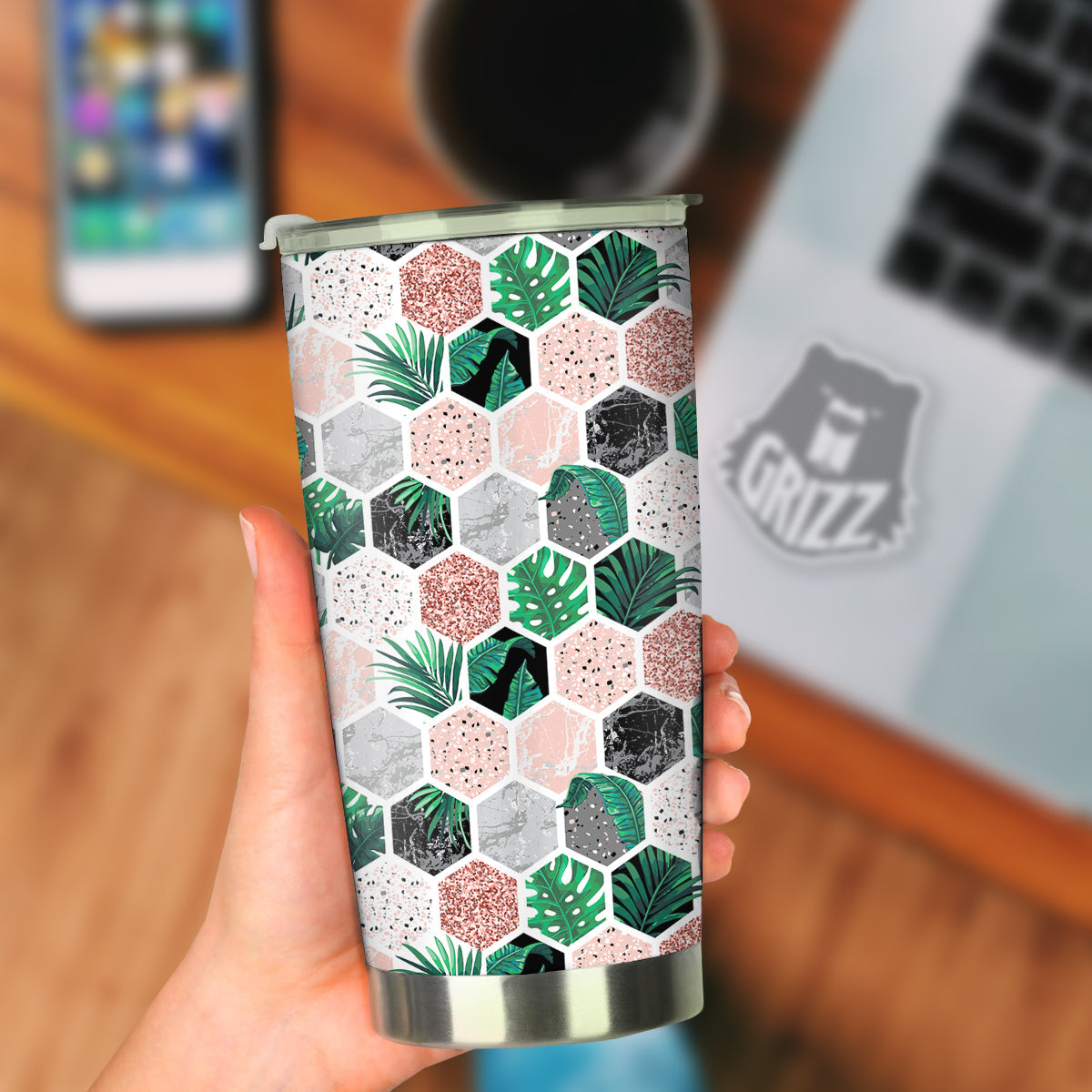 Marble Geometric And Tropical Leaves Print Tumbler-grizzshop