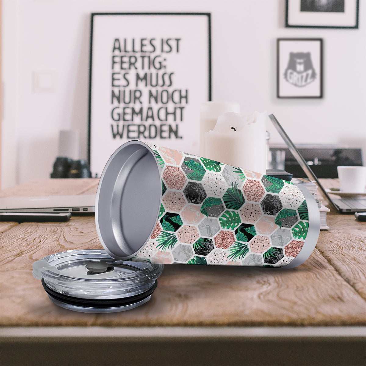 Marble Geometric And Tropical Leaves Print Tumbler-grizzshop