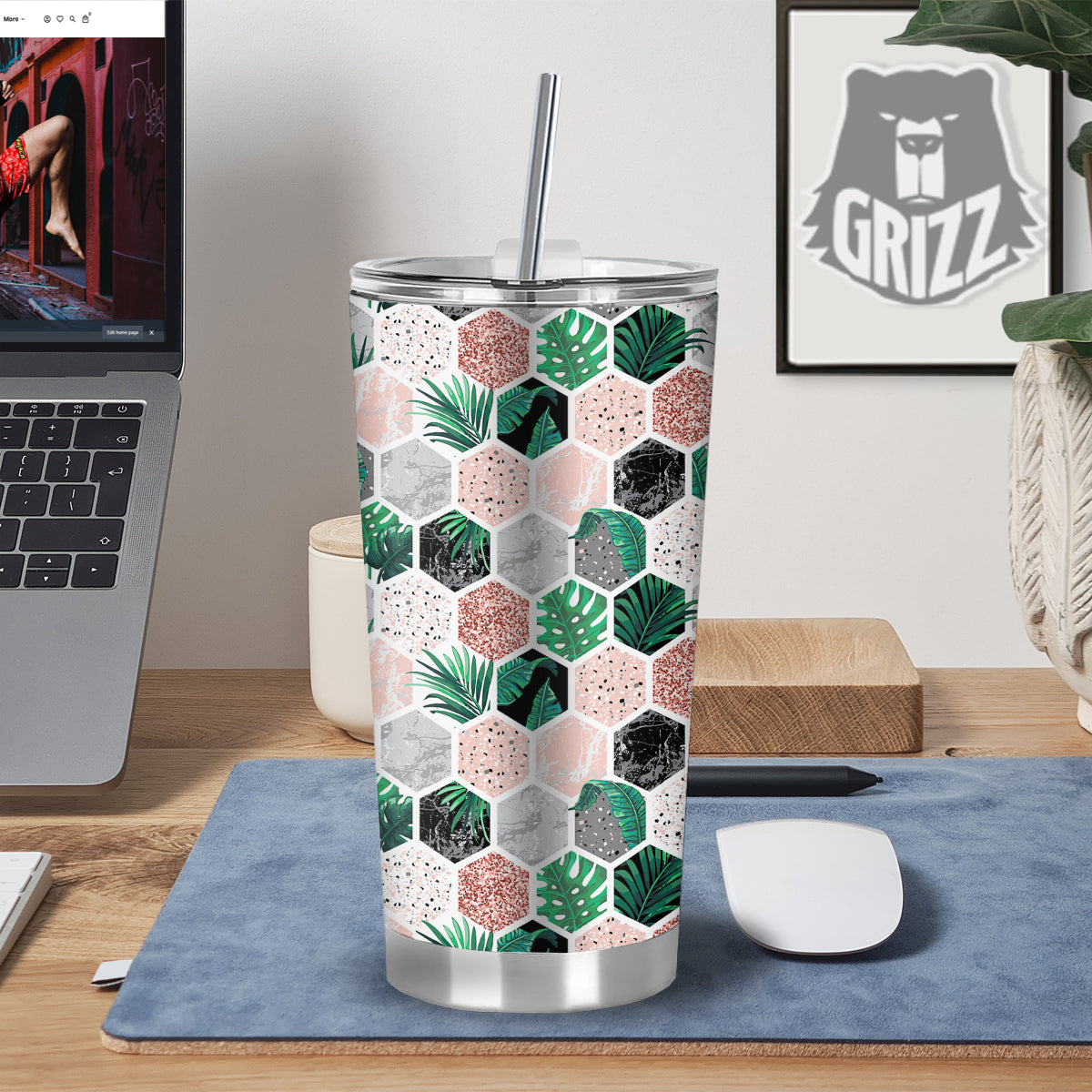 Marble Geometric And Tropical Leaves Print Tumbler-grizzshop