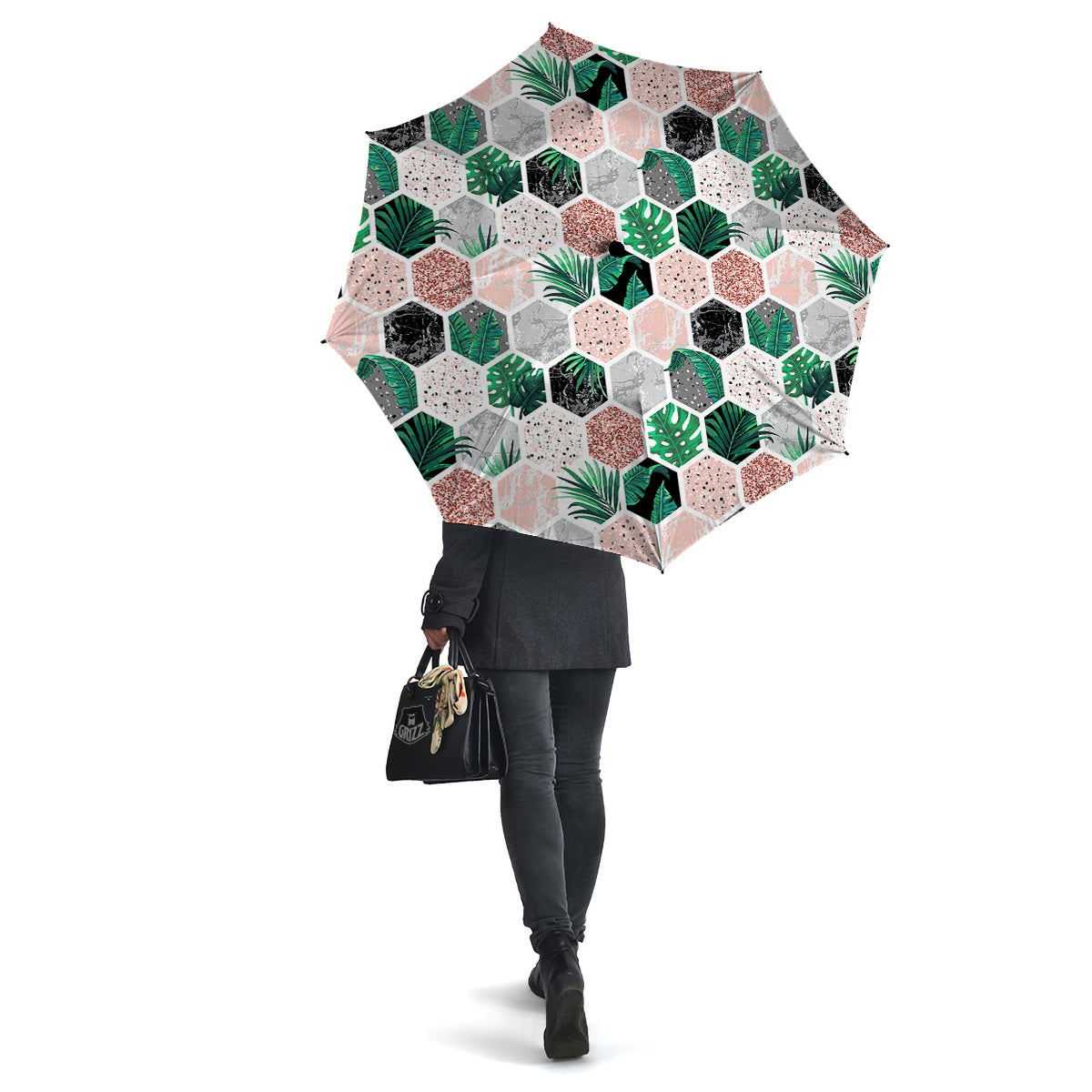Marble Geometric And Tropical Leaves Print Umbrella-grizzshop