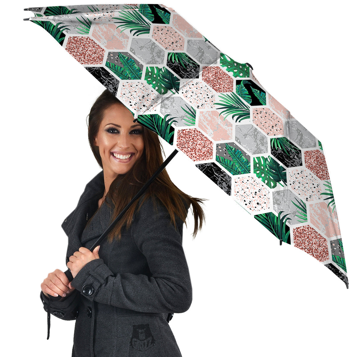 Marble Geometric And Tropical Leaves Print Umbrella-grizzshop