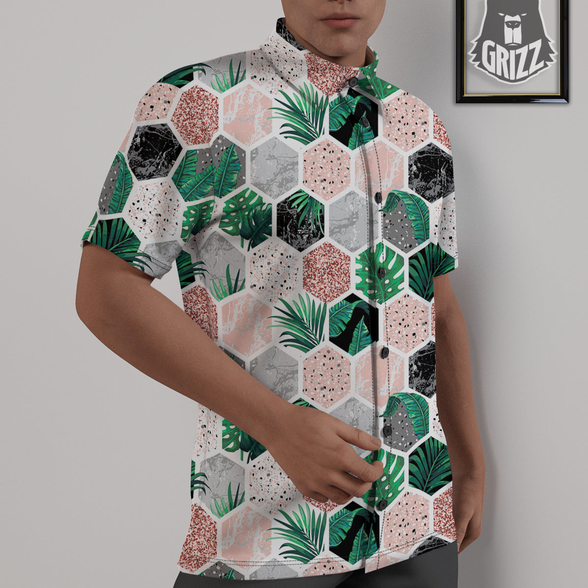 Marble Geometric And Tropical Leaves Print Untucked Shirts-grizzshop
