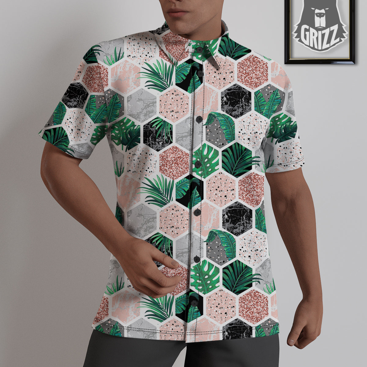 Marble Geometric And Tropical Leaves Print Untucked Shirts-grizzshop