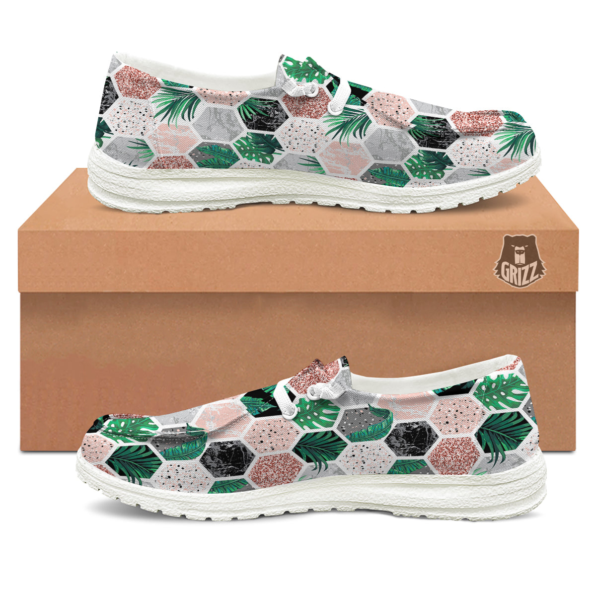 Marble Geometric And Tropical Leaves Print White Loafers-grizzshop