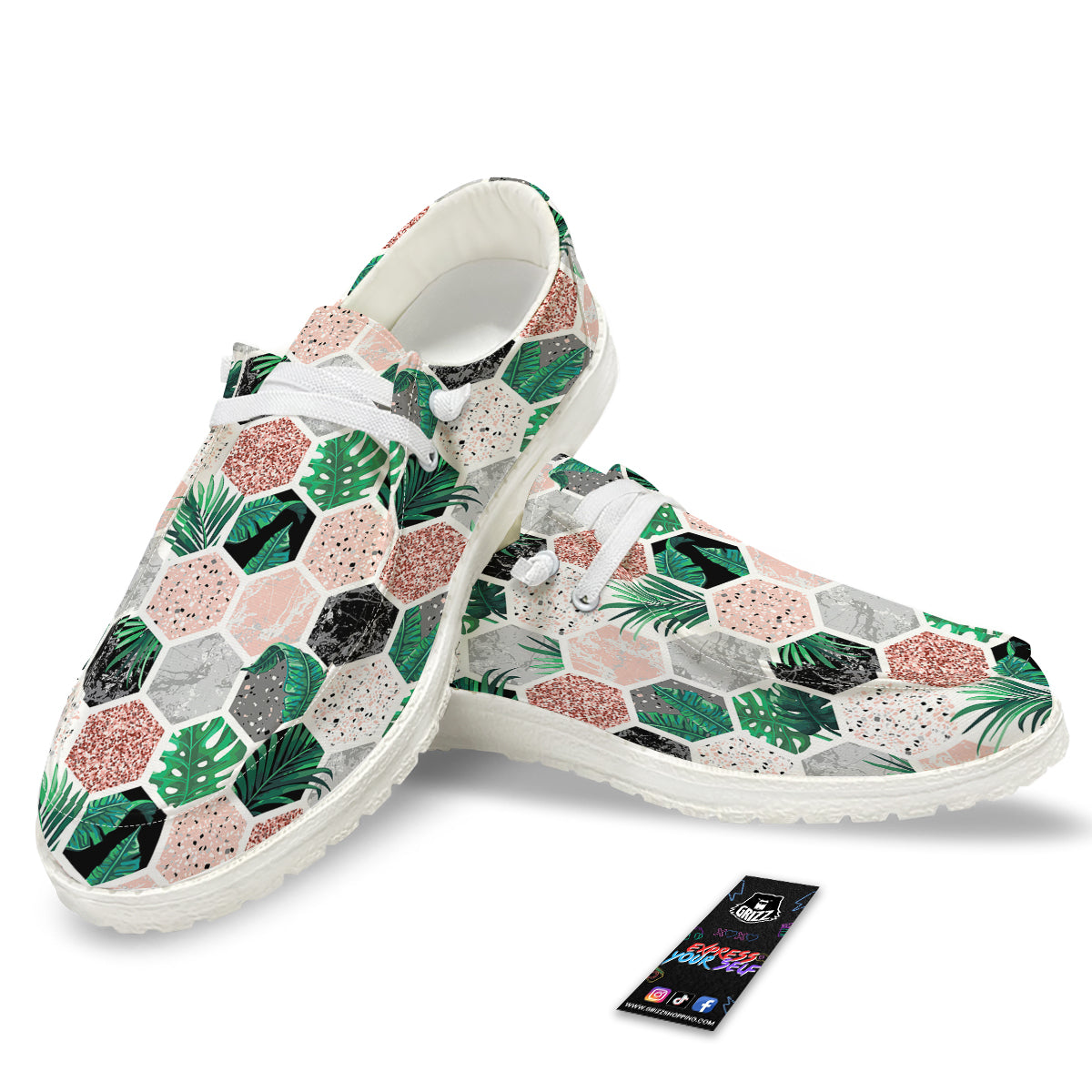 Marble Geometric And Tropical Leaves Print White Loafers-grizzshop