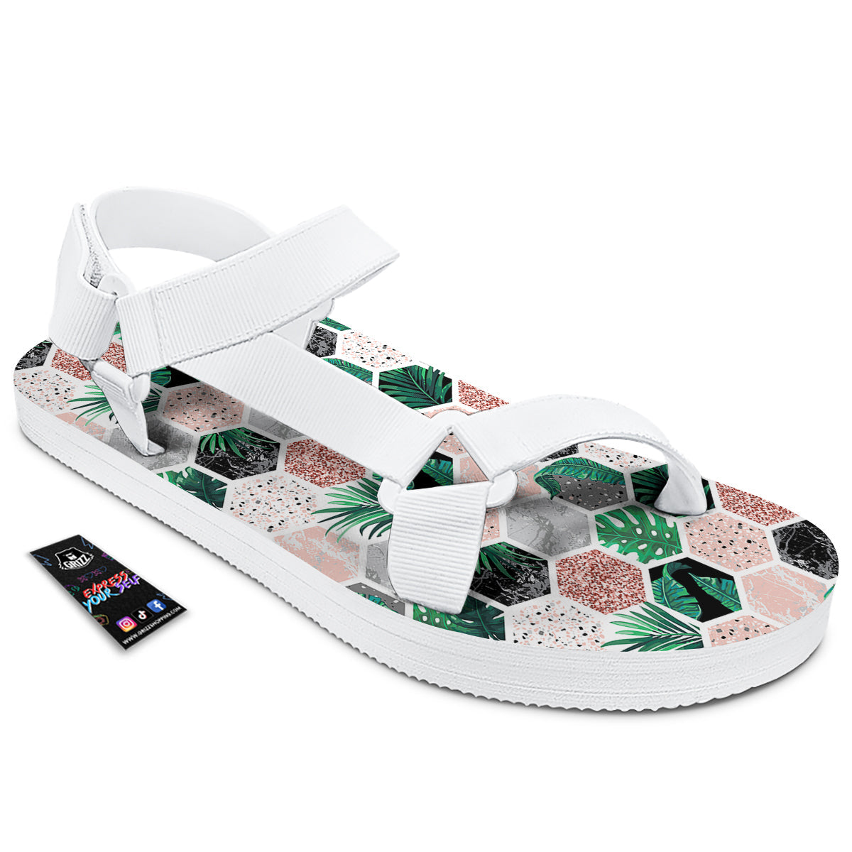 Marble Geometric And Tropical Leaves Print White Open Toe Sandals-grizzshop