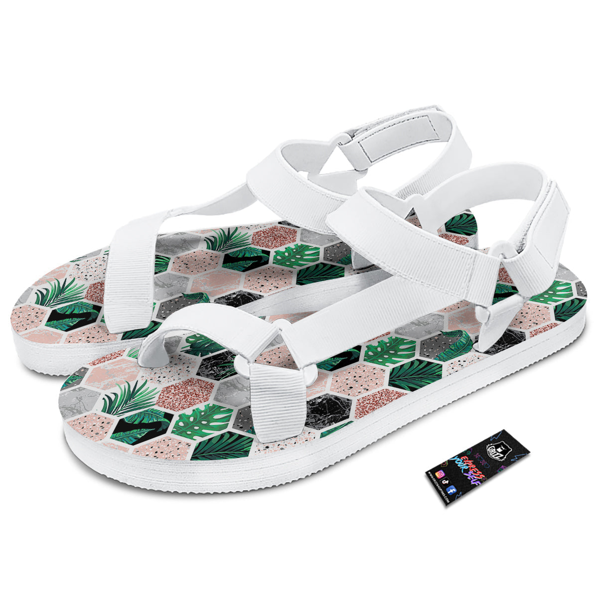 Marble Geometric And Tropical Leaves Print White Open Toe Sandals-grizzshop
