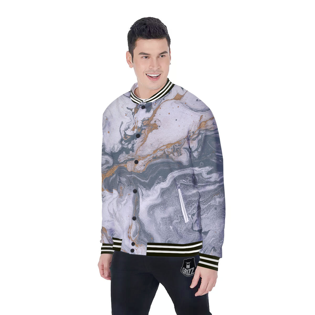 Marble Grey Bronze Print Baseball Jacket-grizzshop
