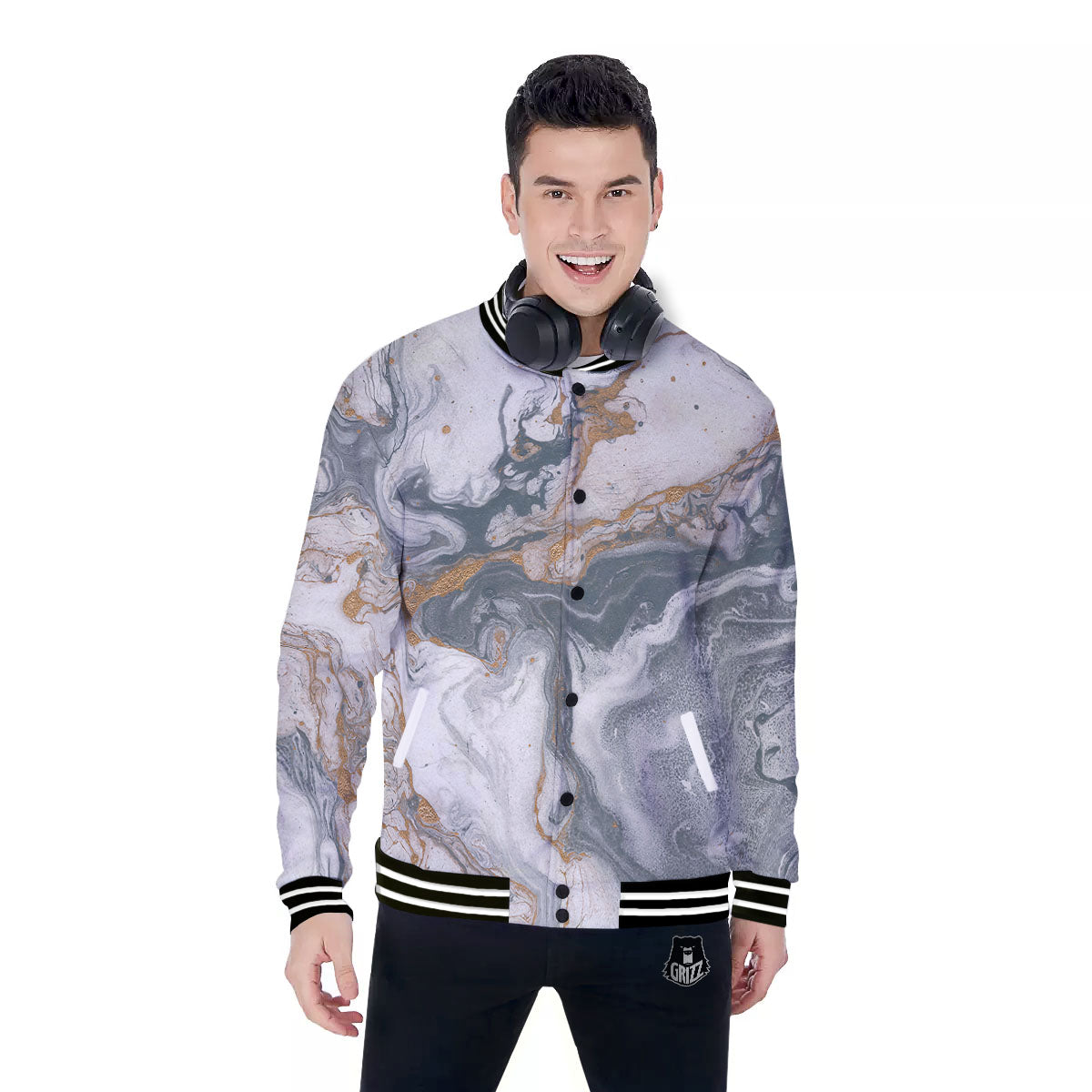 Marble Grey Bronze Print Baseball Jacket-grizzshop
