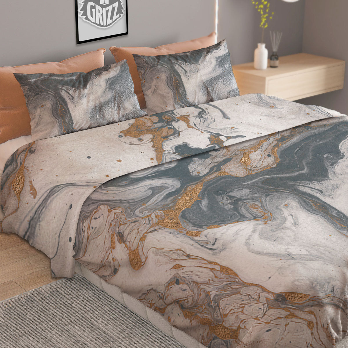 Marble Grey Bronze Print Duvet Cover Bedding Set