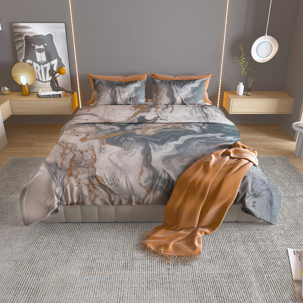 Marble Grey Bronze Print Duvet Cover Bedding Set