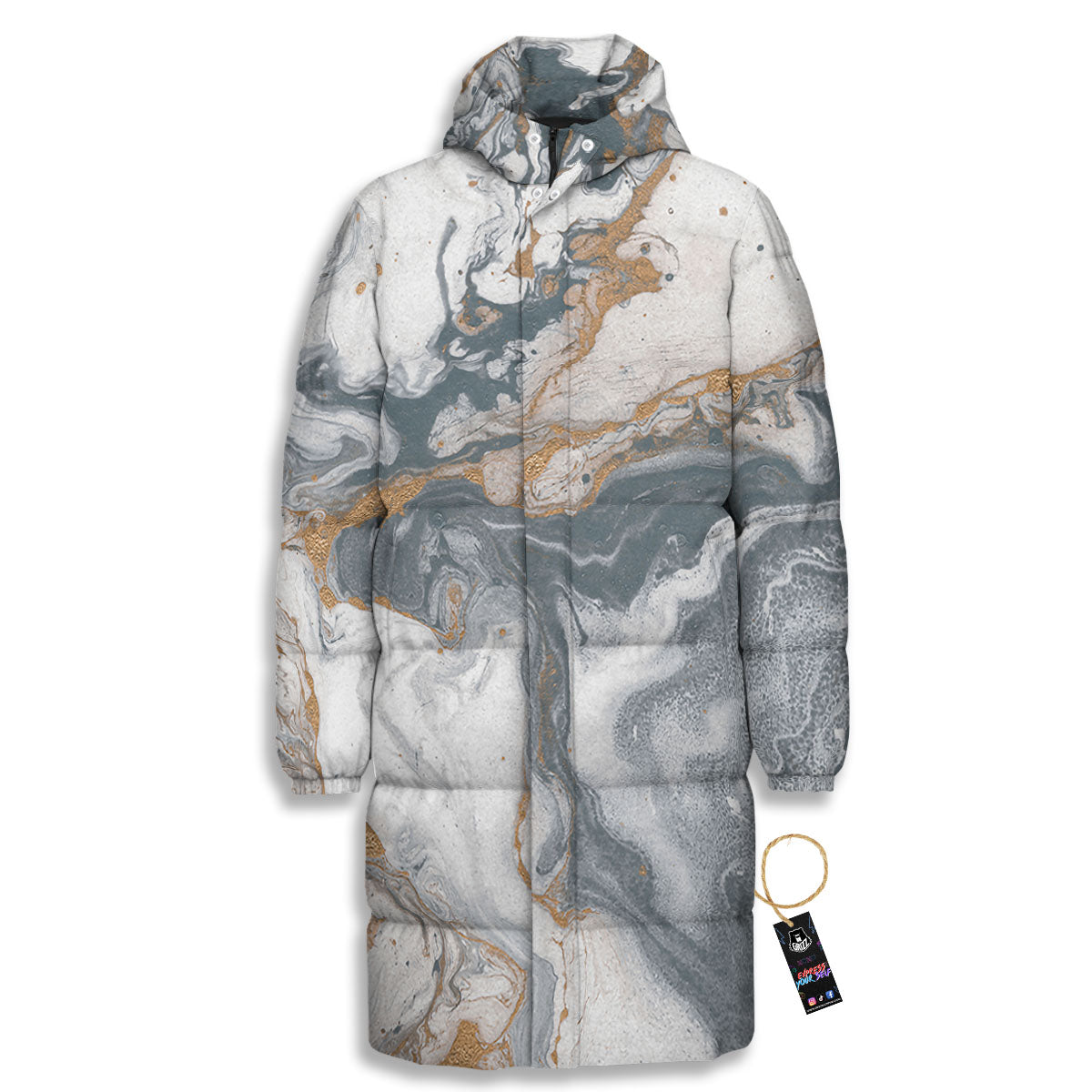 Marble Grey Bronze Print Long Down Jacket-grizzshop