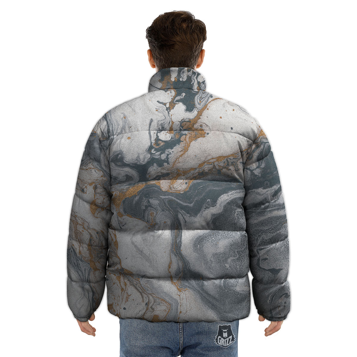 Marble Grey Bronze Print Puffer Jacket-grizzshop