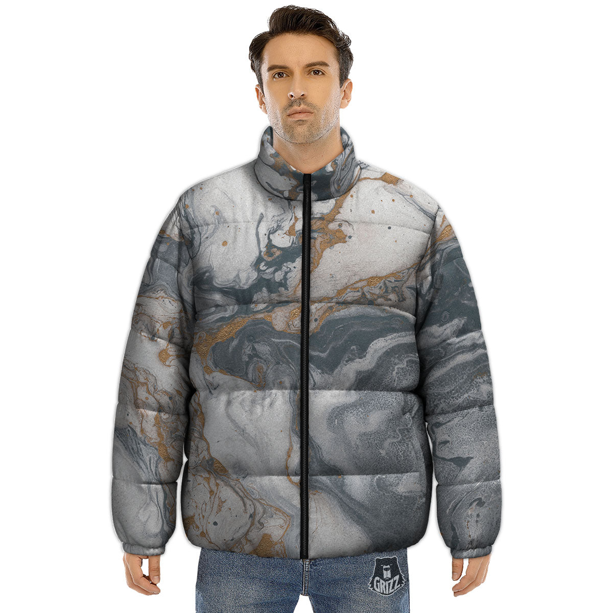 Marble Grey Bronze Print Puffer Jacket-grizzshop