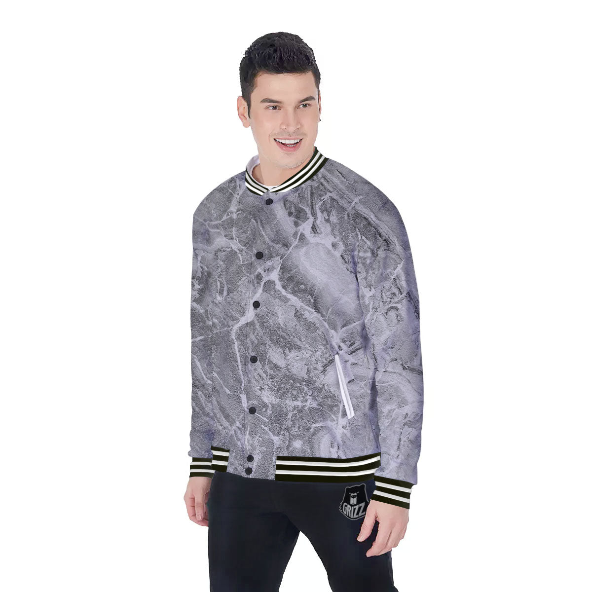 Marble Grey Print Baseball Jacket-grizzshop