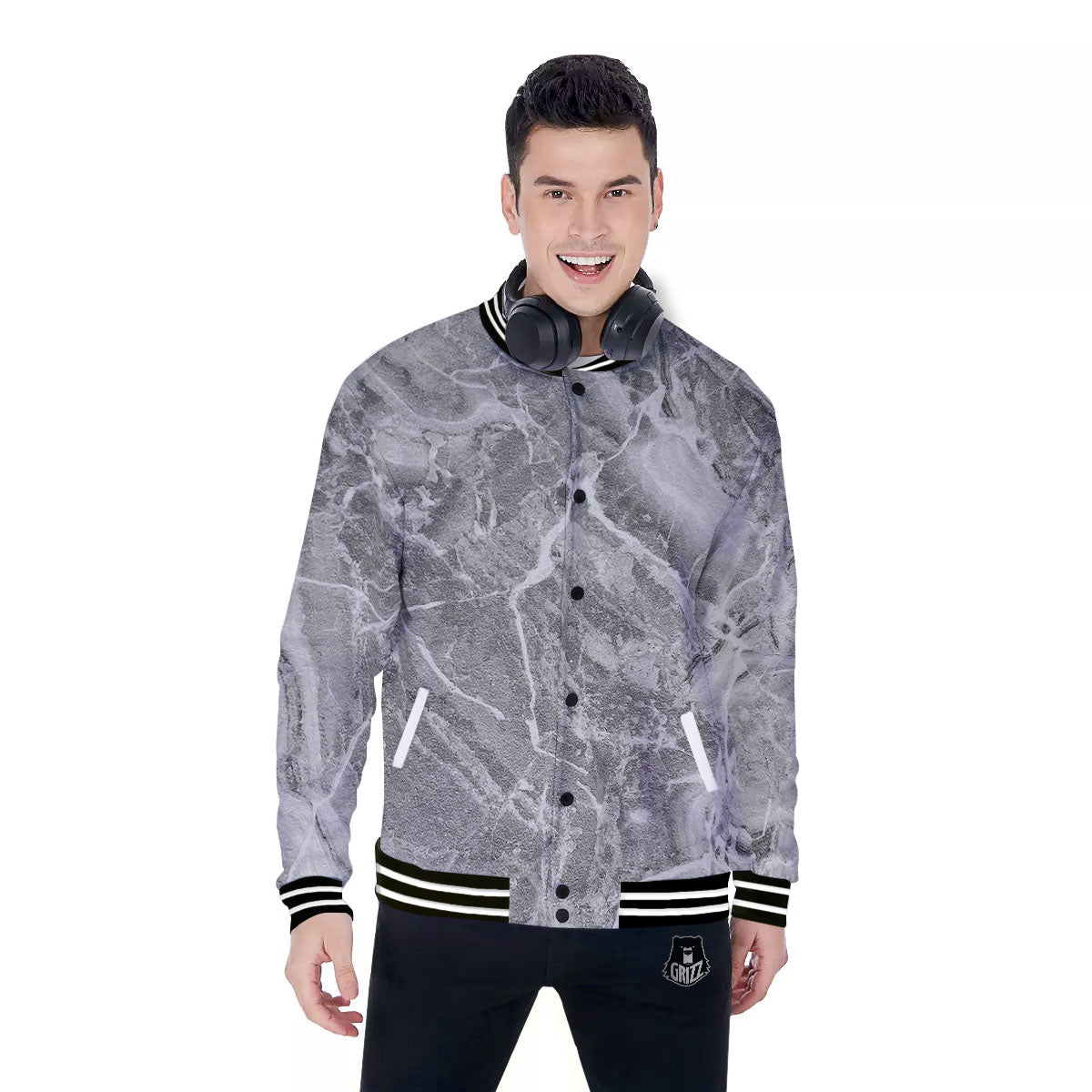 Marble Grey Print Baseball Jacket-grizzshop