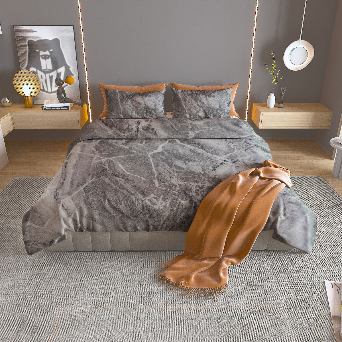 Marble Grey Print Duvet Cover Bedding Set