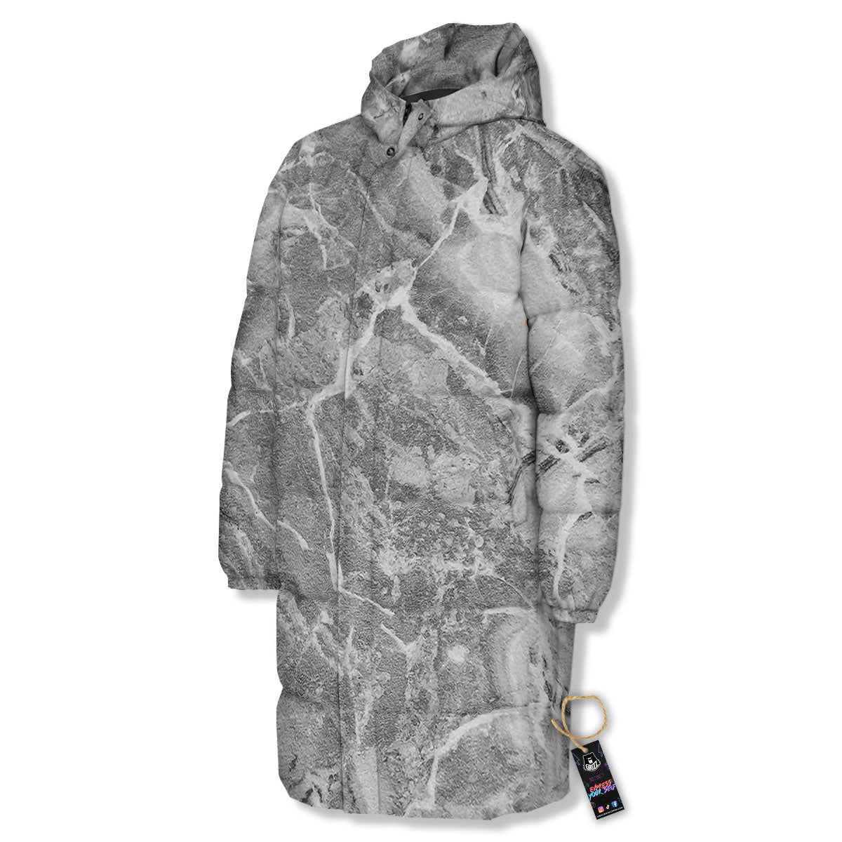 Marble Grey Print Long Down Jacket-grizzshop