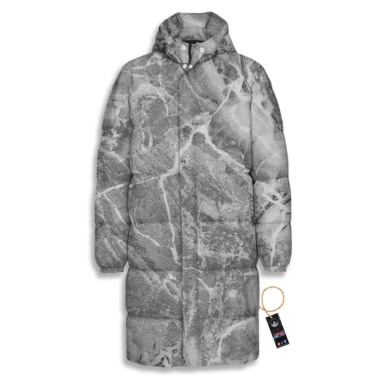 Marble Grey Print Long Down Jacket-grizzshop