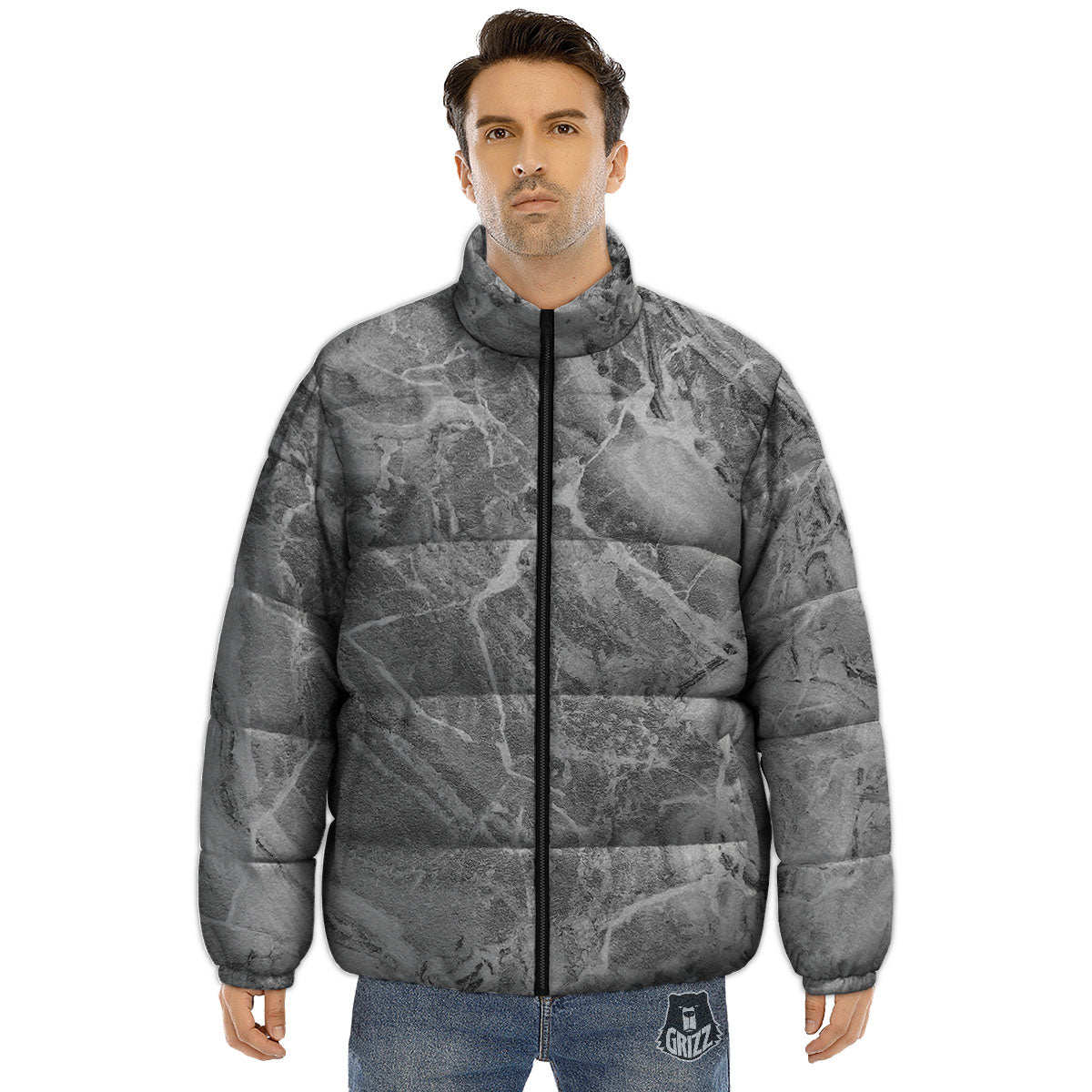 Marble Grey Print Puffer Jacket-grizzshop
