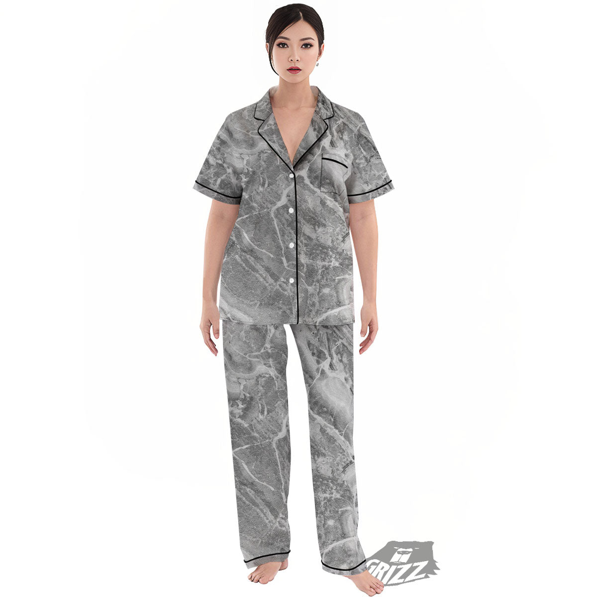 Marble Grey Print Women's Pajamas Set-grizzshop