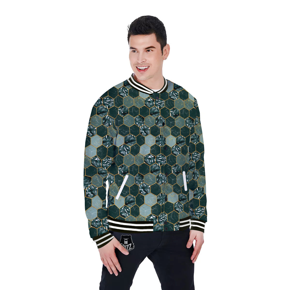 Marble Hexagon Green Tropical Print Pattern Baseball Jacket-grizzshop