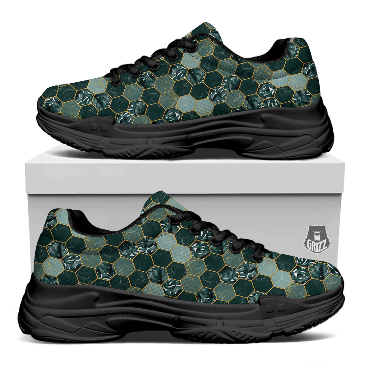 Marble Hexagon Green Tropical Print Pattern Black Chunky Shoes-grizzshop