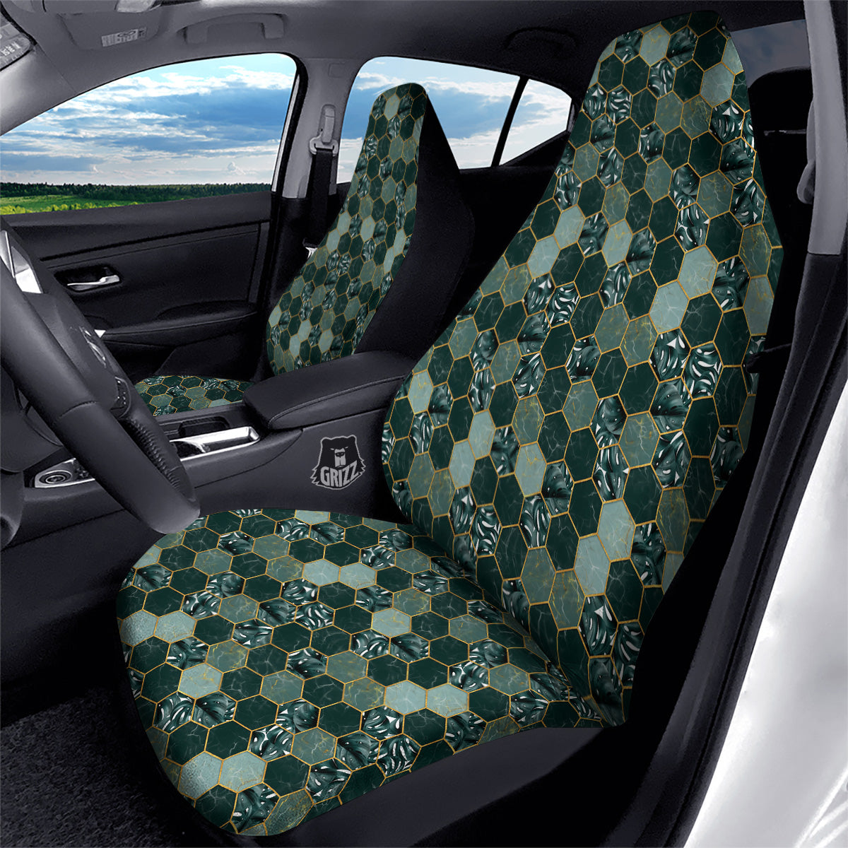 Marble Hexagon Green Tropical Print Pattern Car Seat Covers-grizzshop