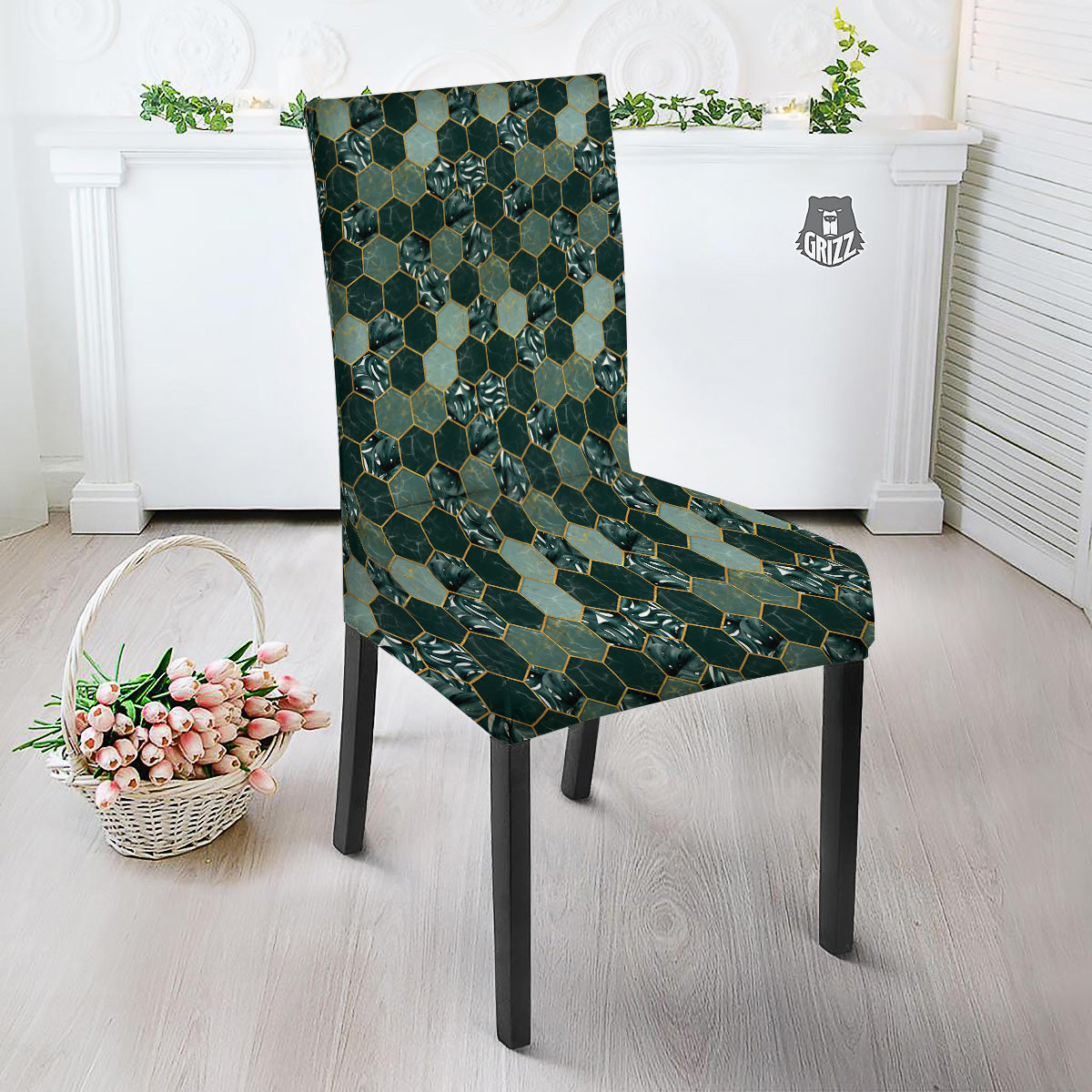 Marble Hexagon Green Tropical Print Pattern Dining Chair Slipcover-grizzshop