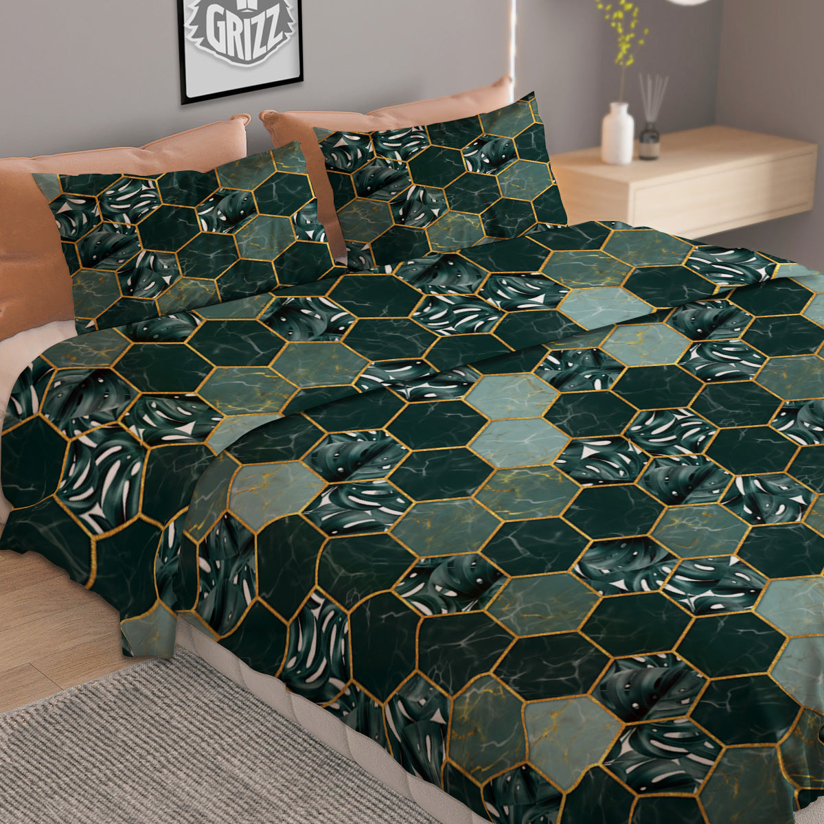 Marble Hexagon Green Tropical Print Pattern Duvet Cover Bedding Set